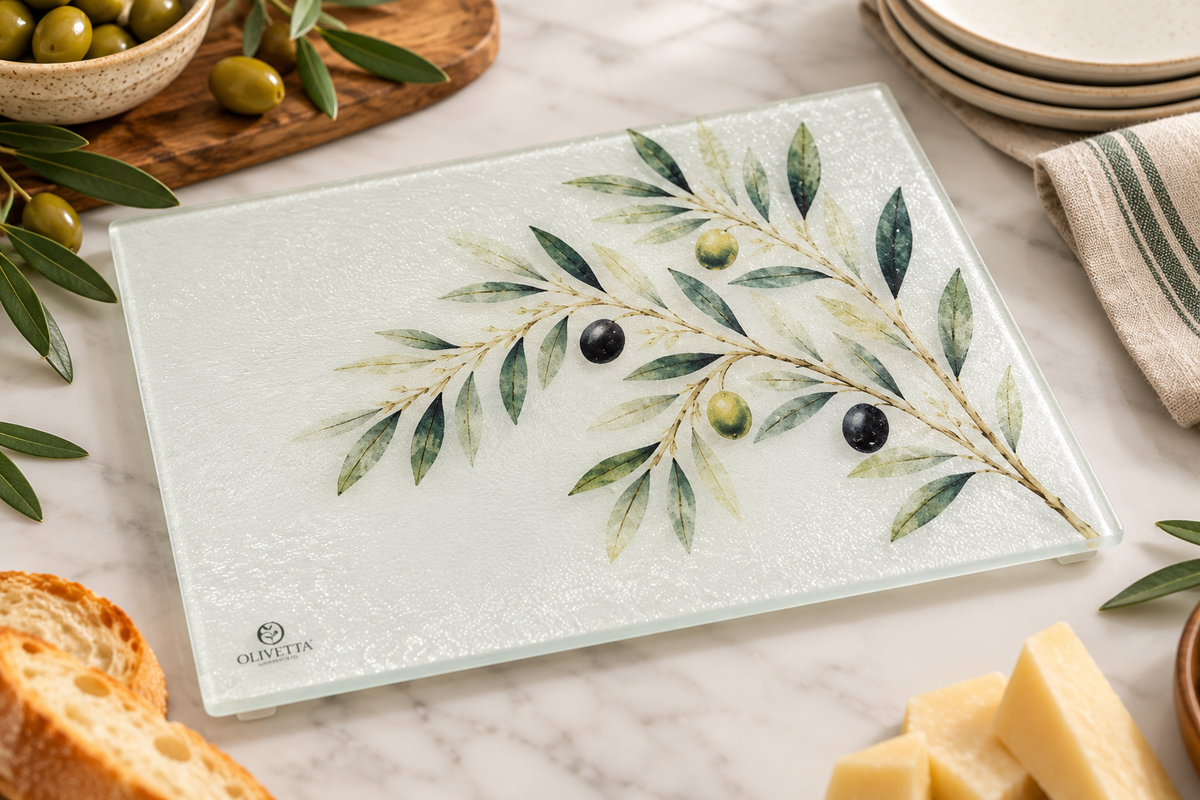 Artisan Glass Serving Board: Olive Branch