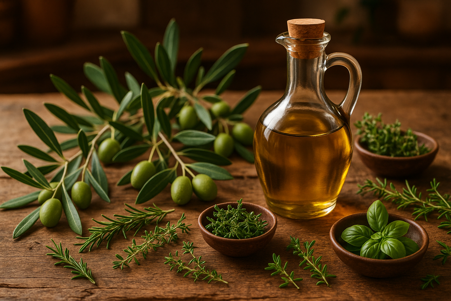 olive branches and olive oil on the table herbs